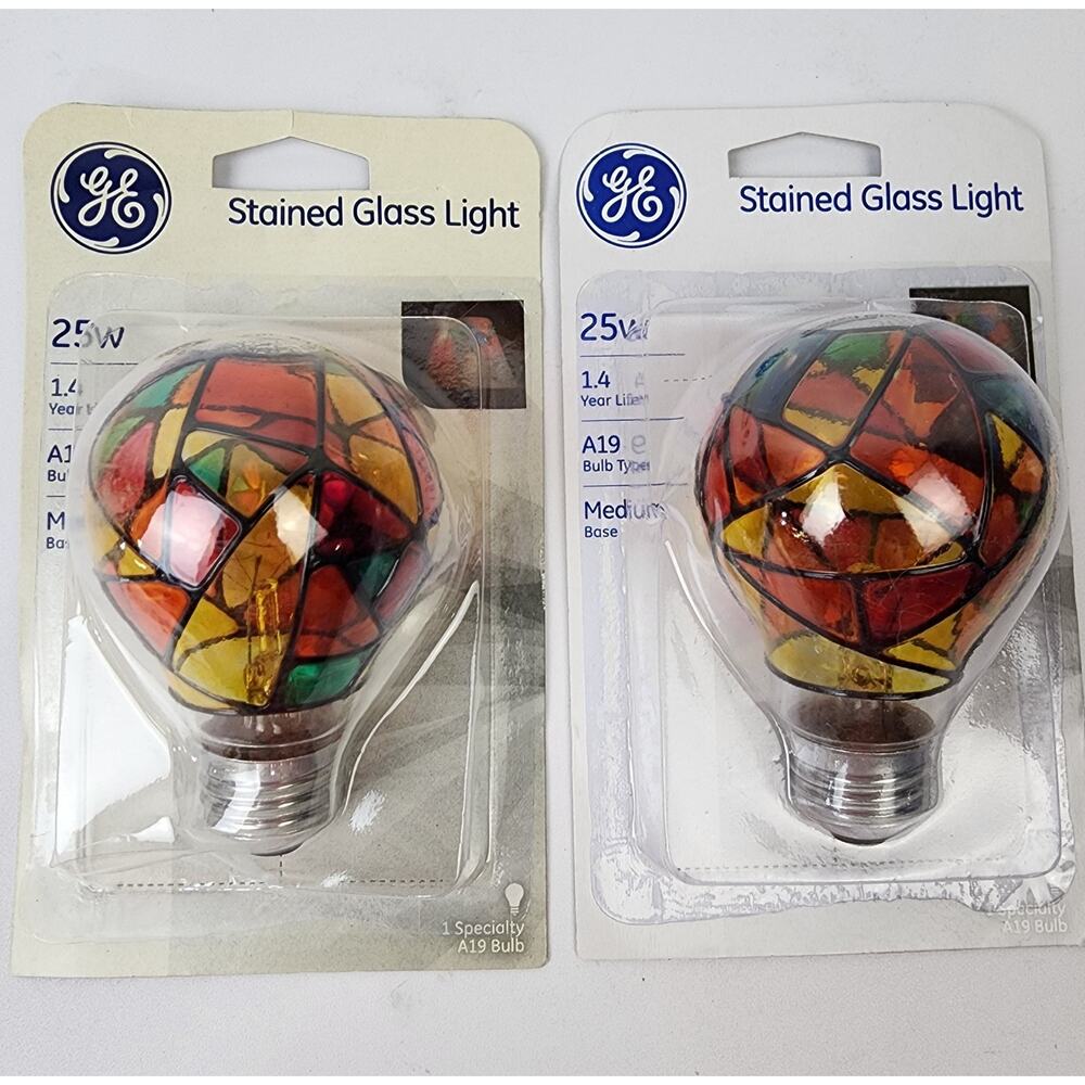 2 GE Stained Glass A19 Light Bulb 25-Watt Decorative Hand Painted Unique New